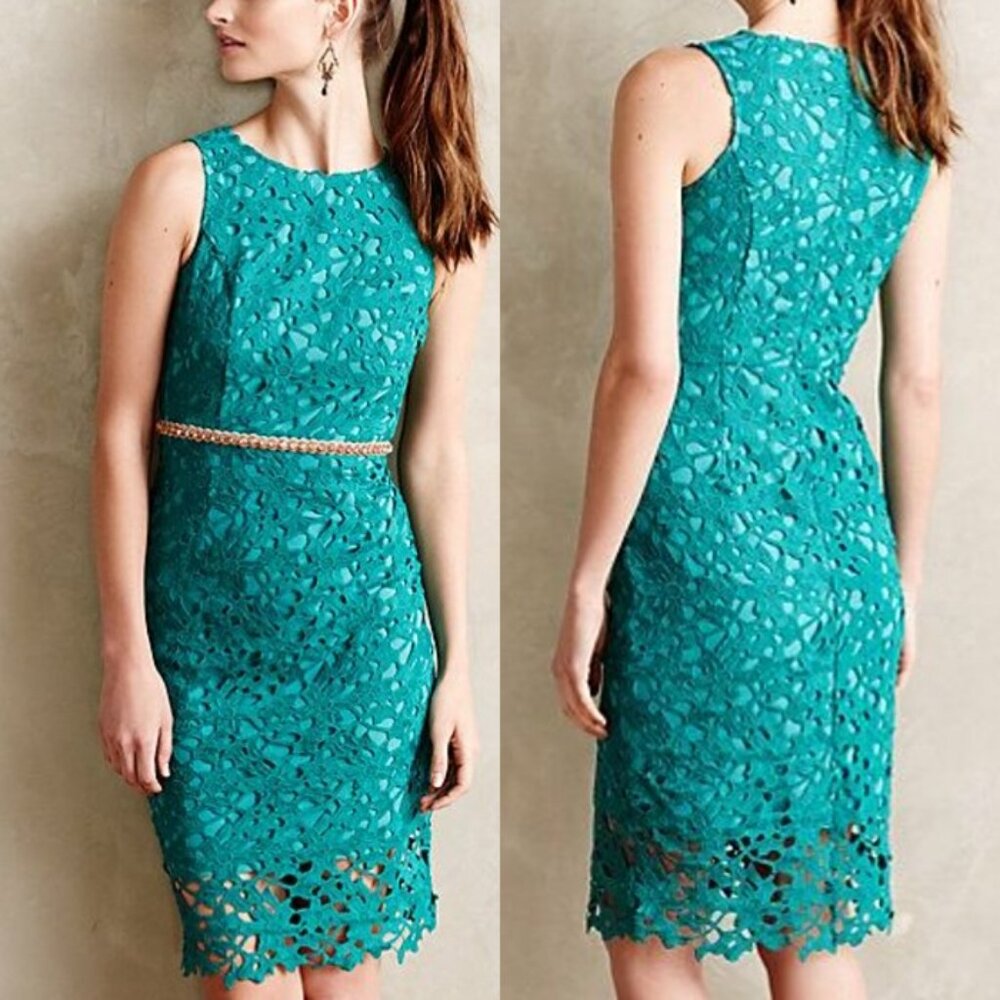 ANTHROPOLOGIE Mendoza Lace Column Dress Emerald Green Sheath Petite NWT